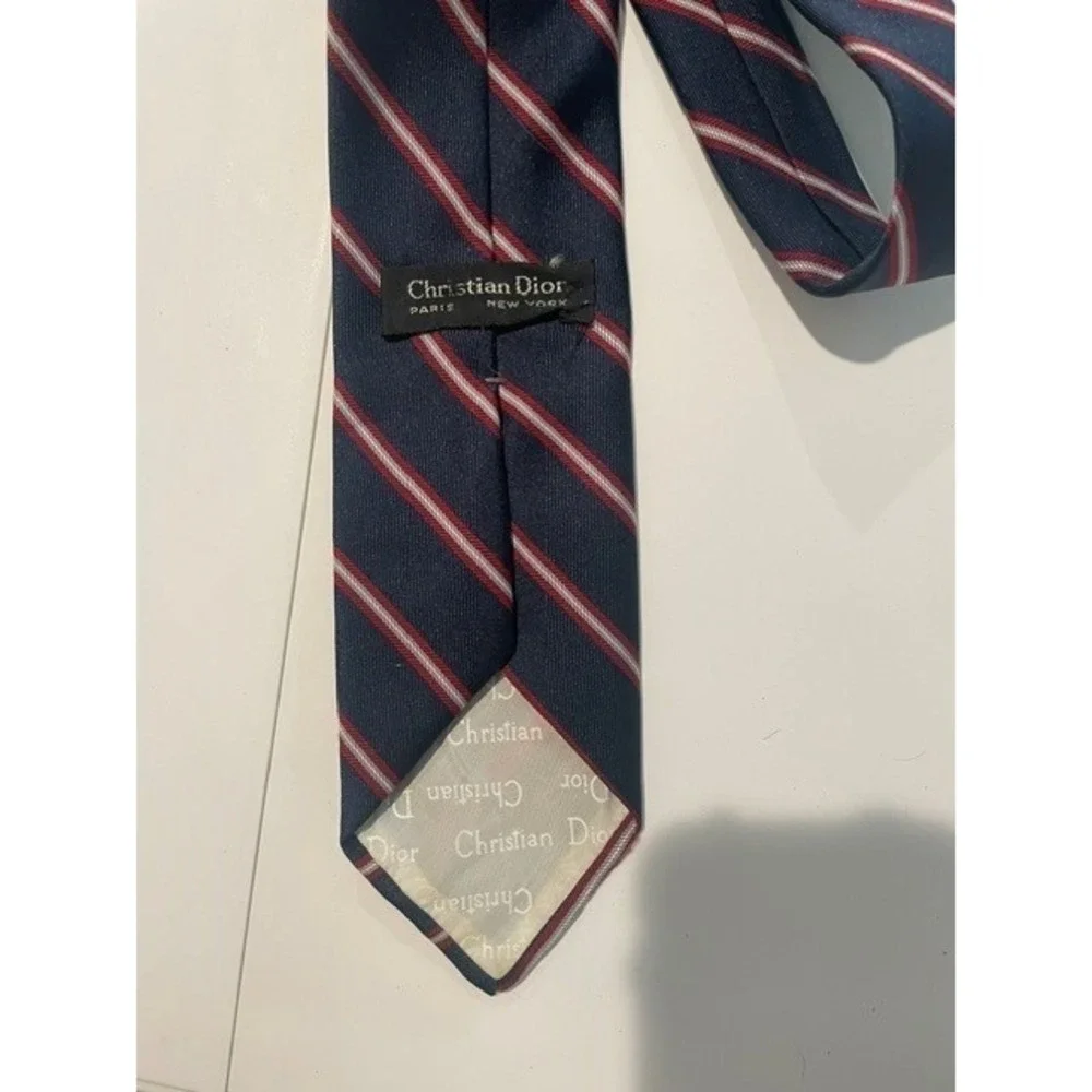 Christian Dior Tie Red Blue Striped Logo Pattern